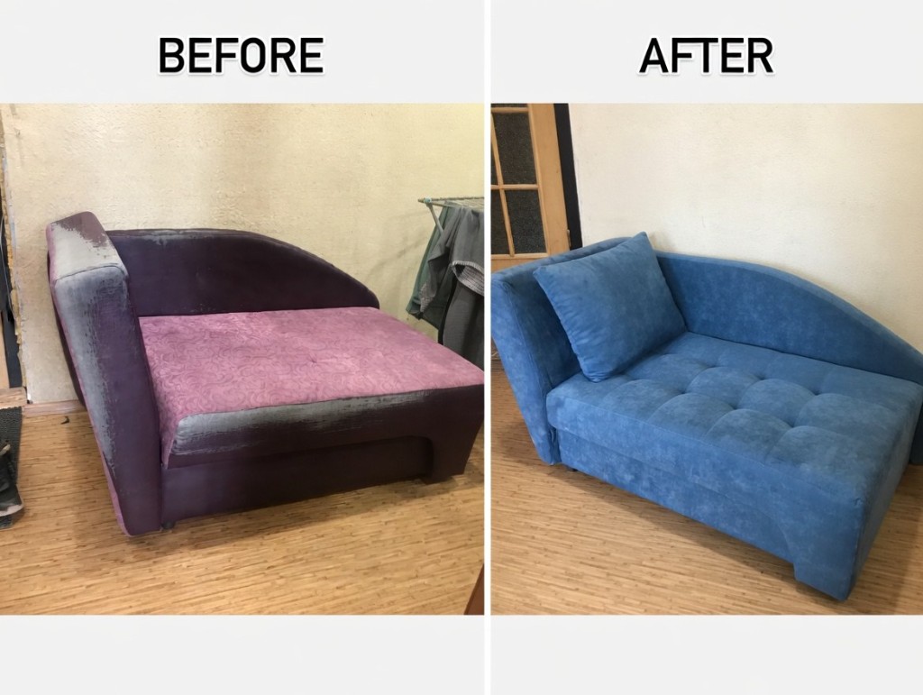 Диван с износом и повреждениями обивки до ремонта